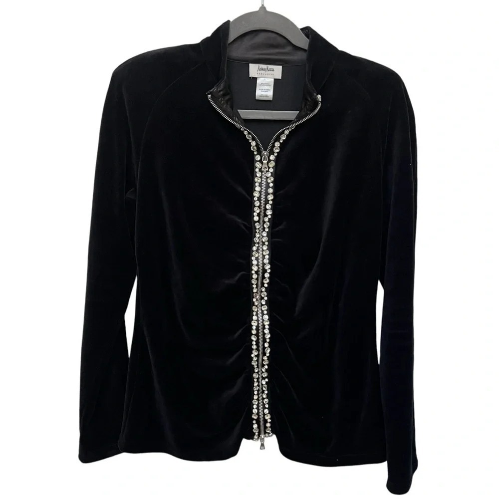Neiman Marcus Exclusive Black Velvet Rhinestone Zip Up Jacket Vintage Regal L - Picture 2 of 8